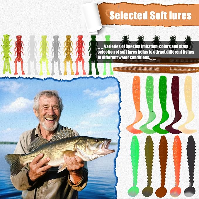 EXAURAFELIS Fishing Lures,Tackle Box with Tackle Included, Crankbaits, Spoon, Shrimp Worm Bait, Hooks,Weights & Other Accessories, Fishing Lures kit Lure Set for Bass Trout Salmon