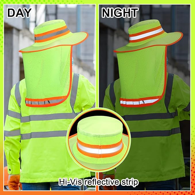 Jexine 10 Pcs High Visibility Reflective Hat with Neck Flap Safety Sun Hat for Men Bucket Cap Boonie Hats Bulk