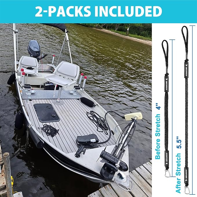 Obcursco 4FT Bungee Dock Lines,Boat Dock Rope,Jet Ski Accessories with 316 Stainless Steel Clip for Kayak,Seadoo,Pontoon,Yamaha WaveRunner,Canoe (2 Pack, Black)