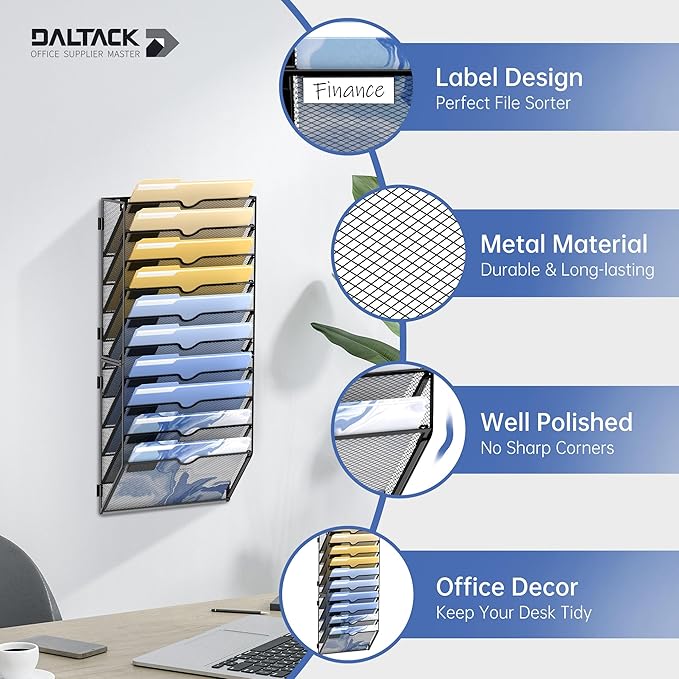 DALTACK Wall File Organizer, 10 Tier Hanging File Organizer, Mail Organizer Wall Mounted for Papers Folders Clipboard Magazine, Office Cubicle Organization & Storage, Assembly Needed, Mesh Black