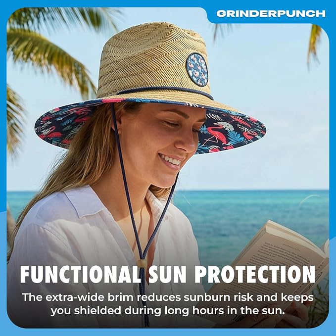 grinderPUNCH Lifeguard Hat Mens Straw Sun Hat for Outdoor American Flag USA Patriotic Straw Beach Fishing Straw Hat for Men
