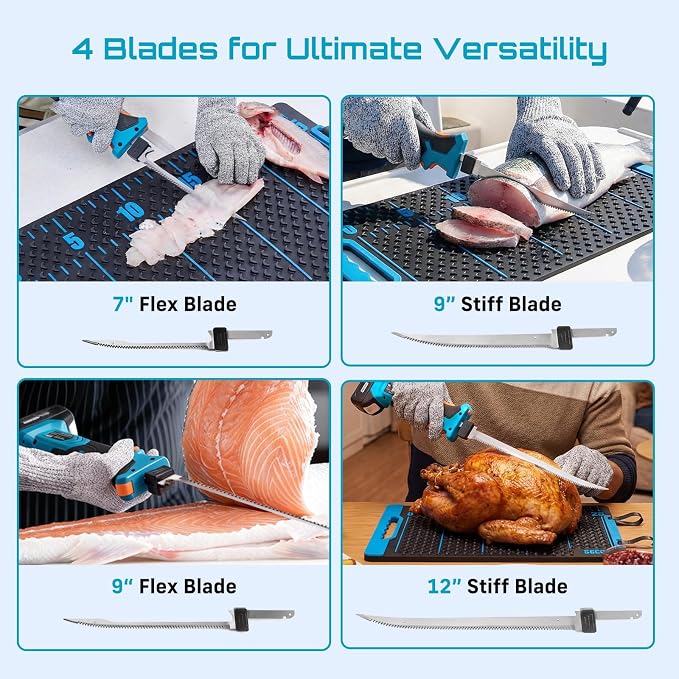 Seesii Cordless Electric Fillet Knife and Fish Fillet Mat Set, High Speed Rechargeble Filet Knife, Non-Slip Grip, Anti-slip Texture With 25" Integrated Ruler for Filleting and Meat Slicing