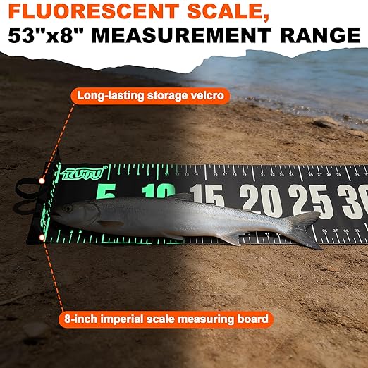 RUTU 53" Fish Ruler Glow in The Dark, Waterproof Fish Measuring Board, Foldable Fish Measuring Tape for Boats, Kayaks, Rafts and Outdoor Fishing, 53x8 inch, Glow-in-the-Dark Night Use