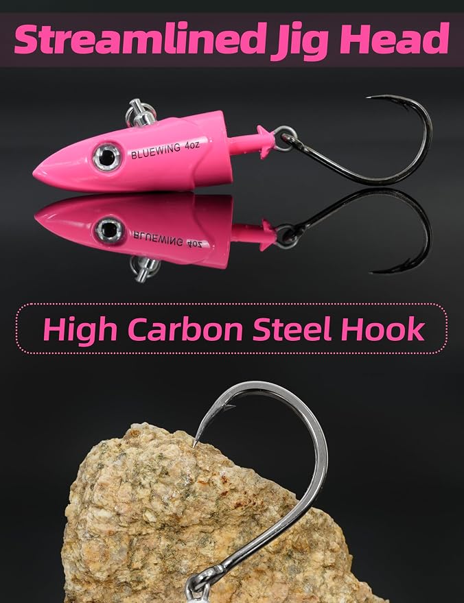 BLUEWING Jig Heads Saltwater 2oz,3oz,4oz,5oz,6oz,7oz Swimming Jigheads 1pc with High Carbon Steel Swing Hook and 6in/9in Replacement Tail Big Game Fishing Lures