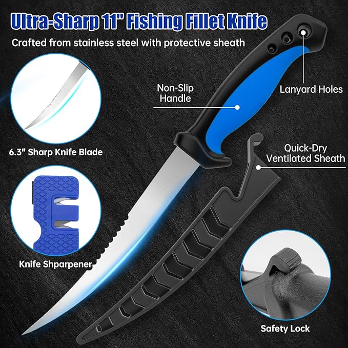 Fishing Gear, 9 PCS Fishing Tool Kit, Fishing Accessories with Fillet Knife, Fishing Pliers, Hook Remover, Scissors, Fish Lip Gripper, Retractor, Sharpener, Gloves, Fishing Gifts for Men