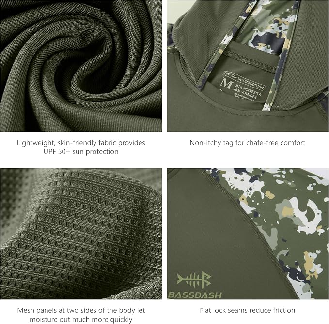 BASSDASH Men’s UPF 50 Performance Fishing Shirt Cooling Hoodie Camo Long Sleeve FS17M
