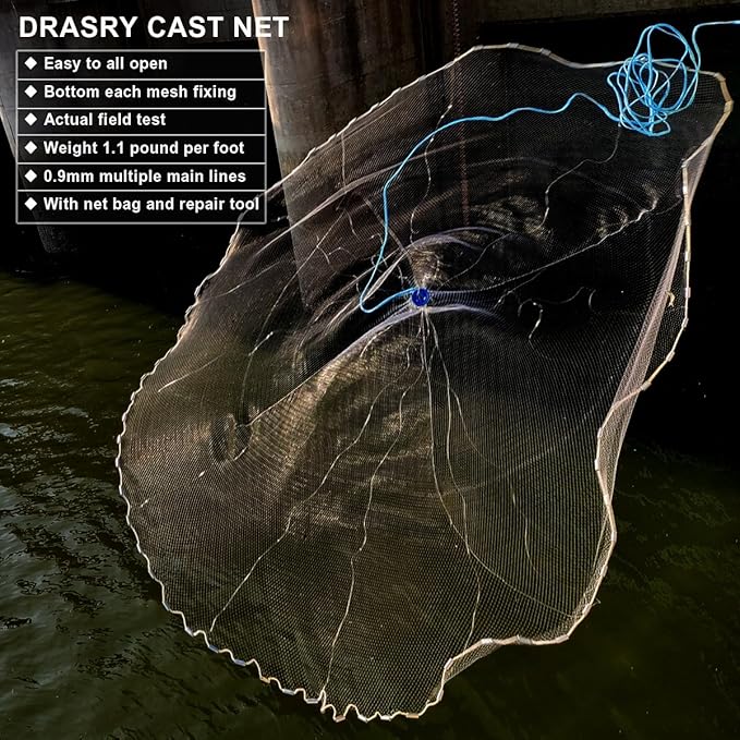 Drasry Saltwater American Fishing Cast Net 3/8inch Mesh Size for Bait Shrimp Trap Fish Heavy Duty Sinkers Throw Net 3FT/4FT/5FT/6FT/7FT/8FT/9FT/10FT Radius