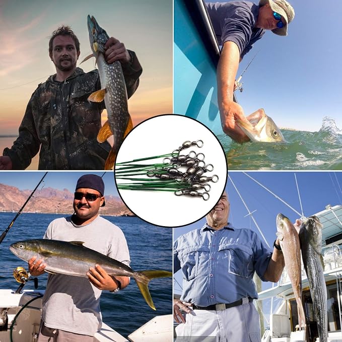 Stainless Steel Fishing Wire Leaders, Black Coated & Uncoated Options, Heavy Strength 31–100LB, 6–21in Multi Sizes with Rolling Swivels Snaps for Salt Fresh Water Shark Pike Barracuda