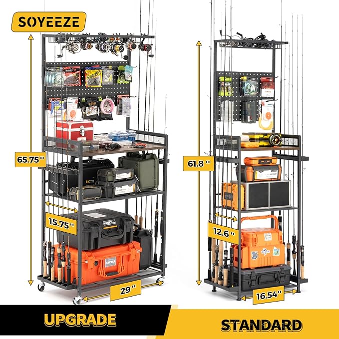 SOYEEZE Fishing Rod Holders for Garage, Fishing Rod Rack Hold Up to 12 Rods, 3 Tier Shelf, Pegboard and Wooden Countertops Designied for Fishing Pole Tackle Box Reel Line Storage, Fishing Gift