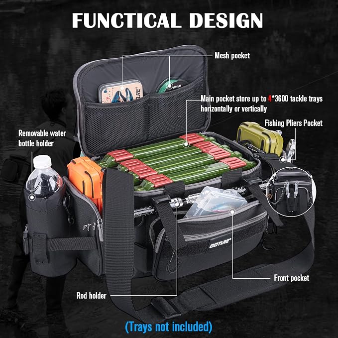 Goture Fishing Tackle Bag, 600D Water-Resistant Soft Side Crossbody Sling Bag with Rod Holder,Small Gear Storage Tactical Bags for Saltwater & Freshwater,Fits 4 3600 Tackle Boxes (Not Included)