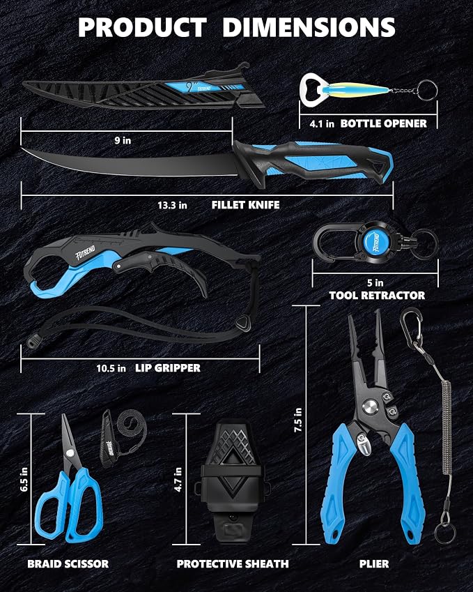 Fishing Tool Kit, Fishing Gear - Fishing Plier with Sheath, Fillet Knife, Fishing Scissors, Fish Lip Gripper, Tool Retractor, Keychain Bottle Opener, Fishing Gifts for Men