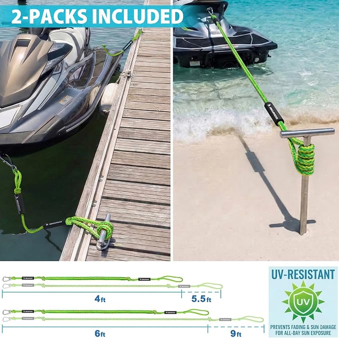 Obcursco Bungee Dock Lines for Boat, Docking Rope with 316 Stainless Steel Clips, Accessories for Jet Ski, PWC, SeaDoo, Pontoon, Center Console, Sets of Two(4ft & 6ft) (Green/Yellow)