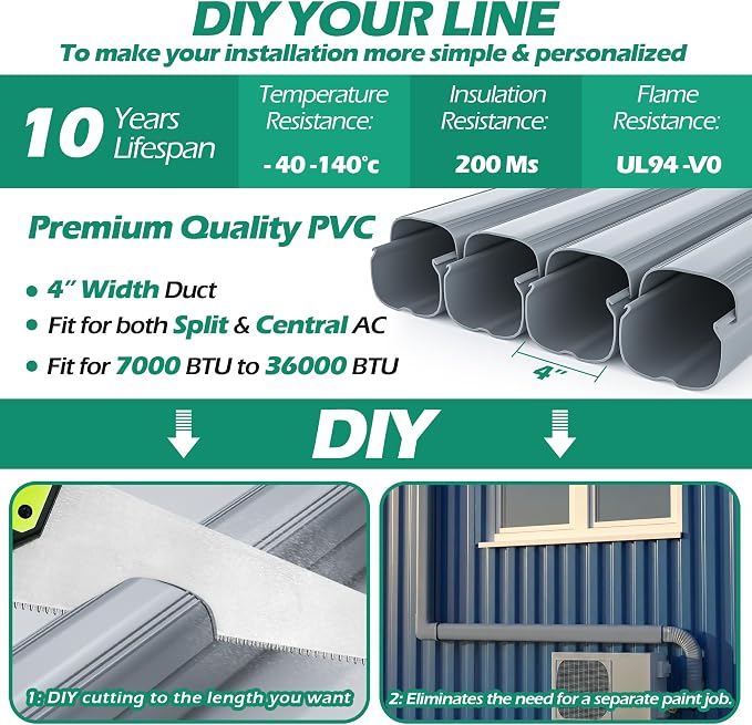4'' 17 Ft Mini-split Line Set Covers, Line Hide Cover Kit for Mini Split Air Conditioners and Central AC, Grey