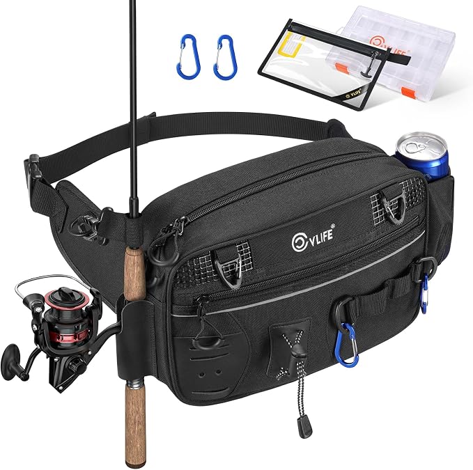 CVLIFE Fishing Tackle Bag Waist Pack with Rod Holder, Water Resistant Fanny Pack Includes 3600 Tackle Box, Waterproof Pouch & Carabiners, Convertible Sling Bag with Net Holster for Gear