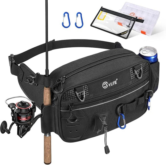 CVLIFE Fishing Tackle Bag Waist Pack with Rod Holder, Water Resistant Fanny Pack Includes 3600 Tackle Box, Waterproof Pouch & Carabiners, Convertible Sling Bag with Net Holster for Gear