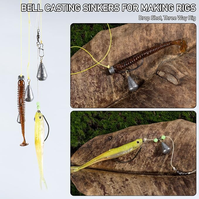 Dr.Fish 30 Pack Bass Casting Sinker Weights Lead Bell Drop Shot Weights with Brass Swivels Weight Freshwater Fishing Lead Sinker
