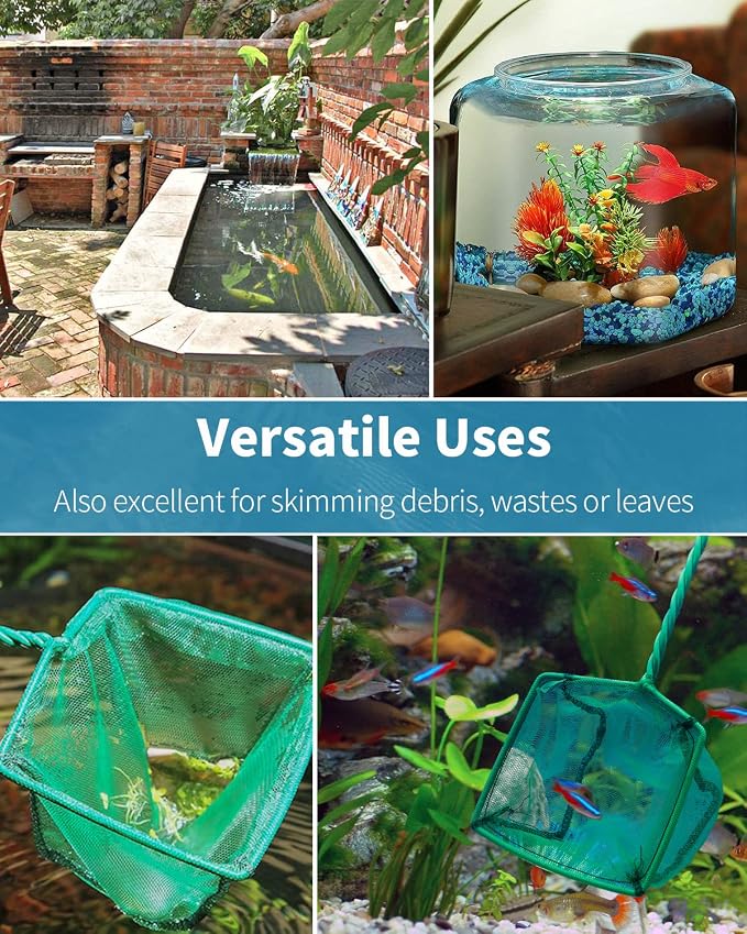 Pawfly Aquarium Fish Net with Braided Metal Handle Square Net with Soft Fine Mesh Sludge Food Residue Wastes Skimming Cleaning Net for Fish Tanks Small Koi Ponds and Pools