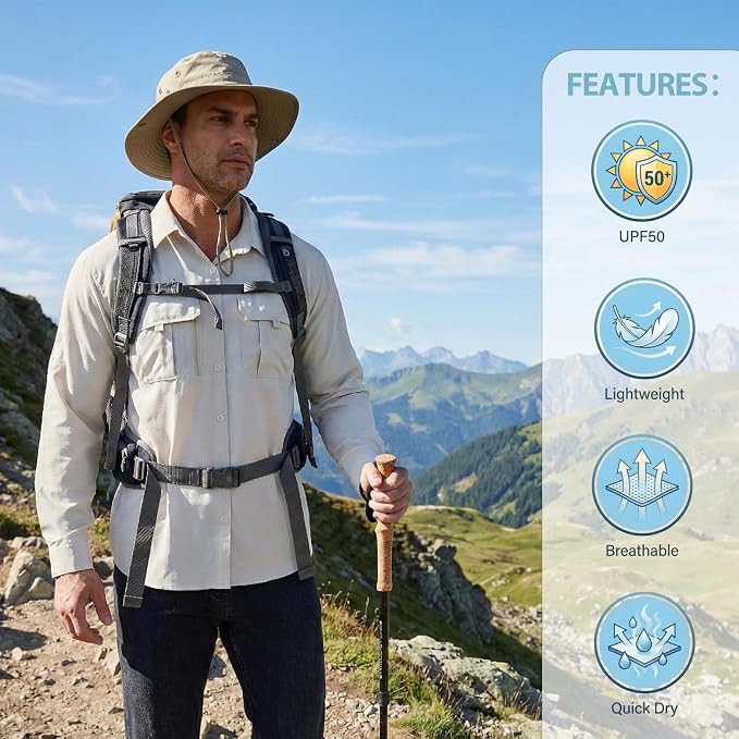 Men's Long Sleeve Fishing Shirts UPF 50+ Sun Protection Quick Dry Shirts Button Down Shirt for Hiking Camping