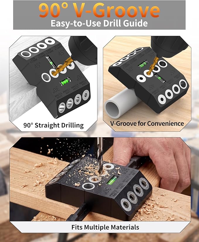 VASTHOME Cable Railing Drill Guide Jig - 30/45/90 Degree Multi-Angle Portable Drilling Template for 4 Standard Sizes: 3/16", 1/4", 5/16", 3/8",Straight Hole Drilling w/Bubble Level for Stair & Deck