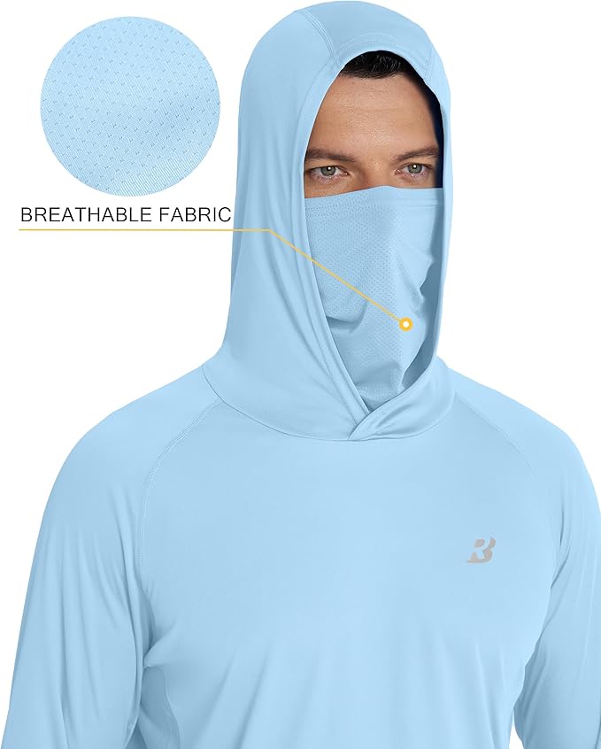 Roadbox Men's UPF 50+ Hooded Fishing Shirts Long Sleeve Sun Protection Hoodie, Hiking Running Swimming Rash Guard with Mask