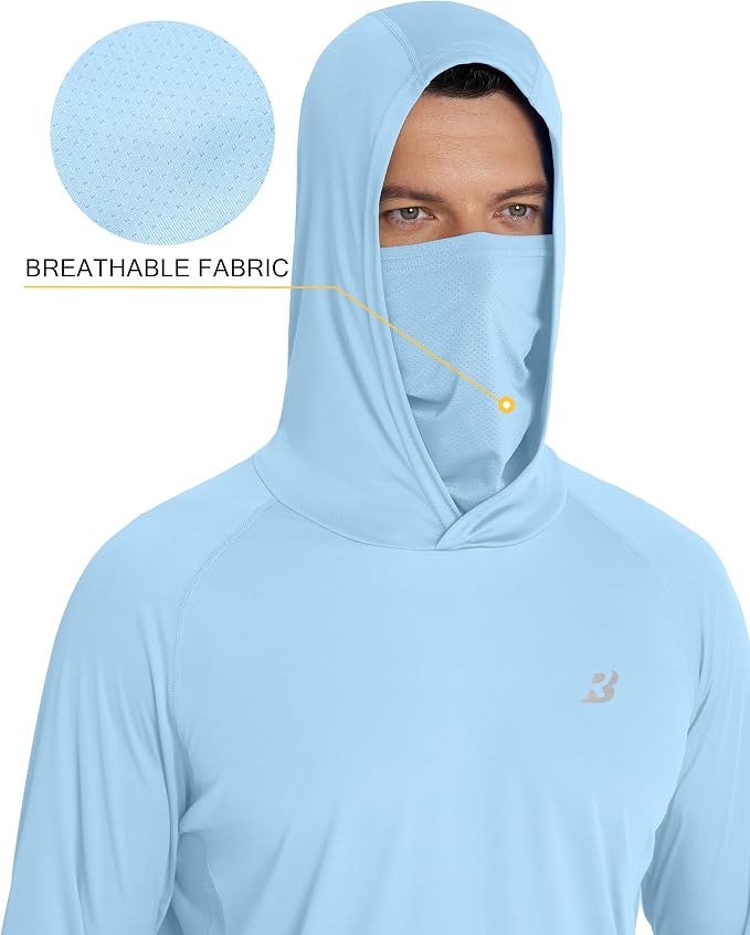 Roadbox Men's UPF 50+ Hooded Fishing Shirts Long Sleeve Sun Protection Hoodie, Hiking Running Swimming Rash Guard with Mask