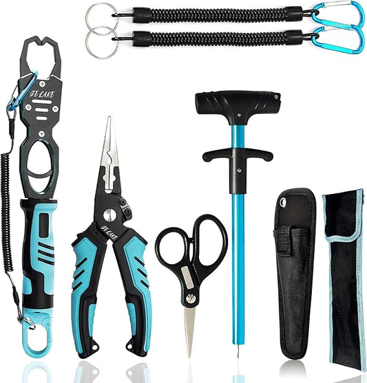 Selake 7 PCS Complete Fishing Tools Set, Fish Lip Gripper with Scale, Fishing Pliers, Hook Remover, Line Cutter & Scissors, Corrosion Resistant for Saltwater Freshwater Kayak Ice Fishing