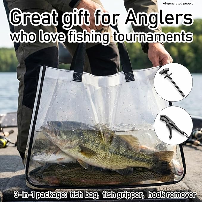 3-In-1 Fish Tote Fishing Tournament Weigh In Bag Fish Thick Durable Clear Poly Mesh Bag Leakproof Tear Resistant Tote 24'' x 18.5'', w/ 9" Floating Fish Lip Gripper & Hook Remover