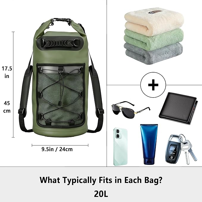 SHENDU 20L Waterproof Dry Bag - Roll-Top Backpack w/Waterproof Phone Case for Kayaking, Hiking, Camping, Boating, Beach Unisex（green）