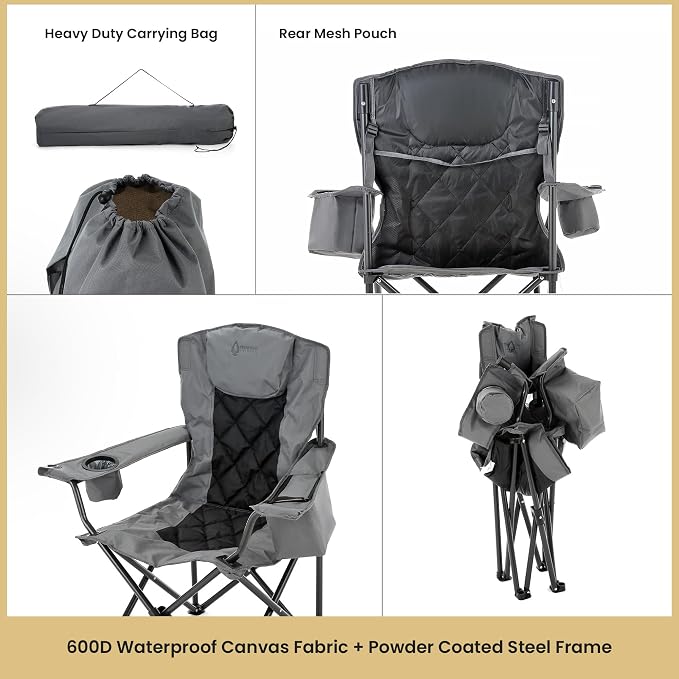 ARROWHEAD OUTDOOR 2-Pack Portable Deluxe Folding Camp Quad Chair w/Headrest, Glass & Cup Holders, Armest 6-can Cooler, Heavy Duty Carry Bag, 550 lbs Weight Capacity