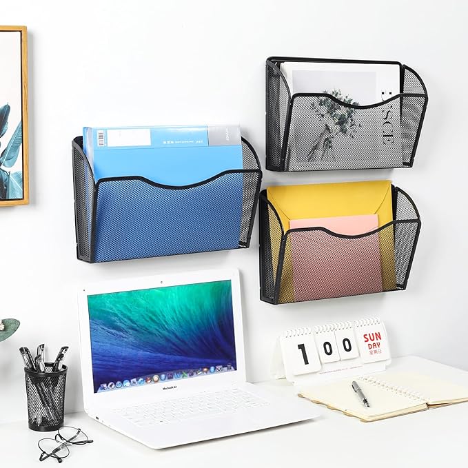 PAG 6 Pockets Wall File Holder Office Hanging File Organizer Metal Wall Mount Magazine Rack, Black