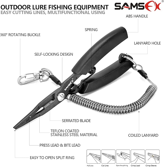 SAMSFX Locking Fishing Pliers Saltwater Resistant Teflon Coated Briad Line Cutters with Wire Coiled Lanyard, Sheath & Quick Knot Tool Combo