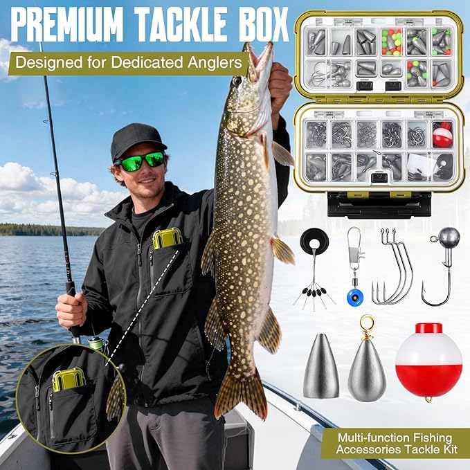 TOPFORT 187/343pcs Fishing Accessories Kit, Organized Fishing Tackle Box with Tackle Included, Fishing Hooks, Fishing Weights Sinkers, Fishing Gear and Equipment, Fishing Gift for Men