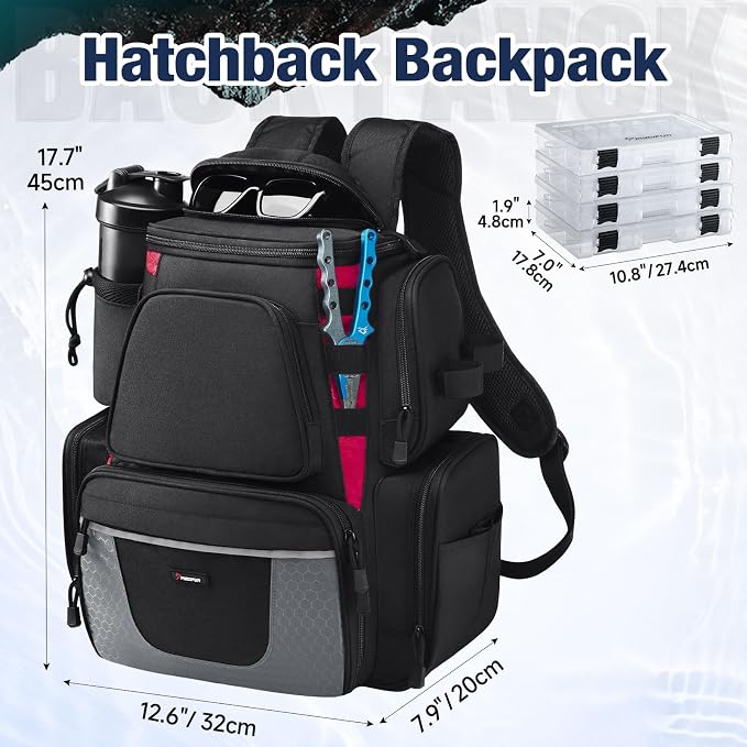 Piscifun Fishing Backpack with 2 Rod Holders & 4 Tackle Boxes, Large Tackle Storage Bag With Rain Cover for Fishing Gear