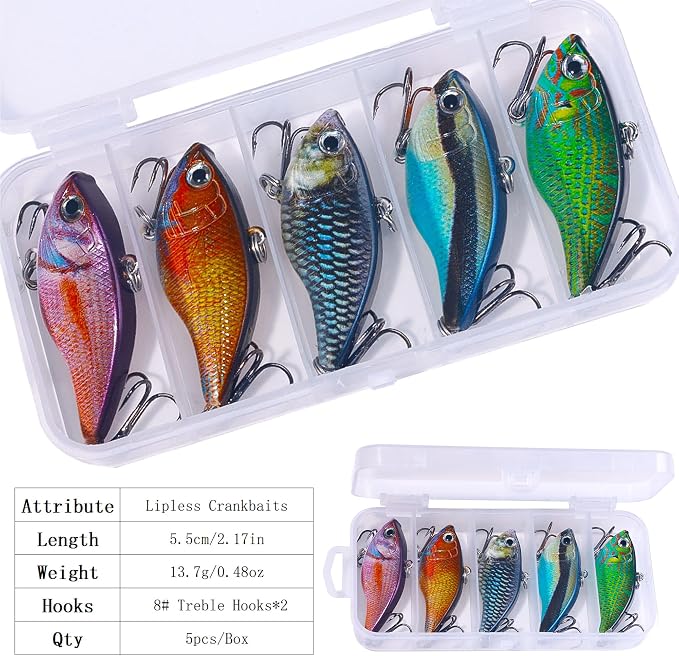 Lipless Crankbait, Rattle Trap Fishing Lures for Freshwater Saltwater, Lipless Crankbaits for Bass Fishing Lure Set for Bass Trout Walleye Redfish Pike, 5pcs with Box