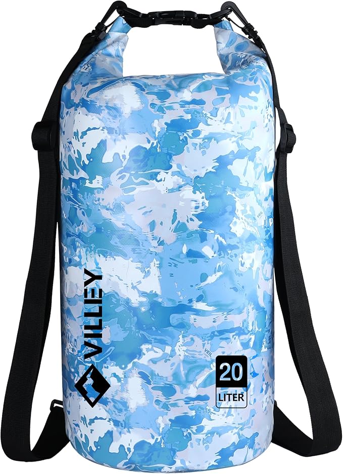 VILLEY Dry Bag Waterproof 20L Roll Top Storage Backpack, Keeps Gear Dry Lightweight Backpack for Kayaking Boating Camping Swimming and Beach Accessories Blue Camo