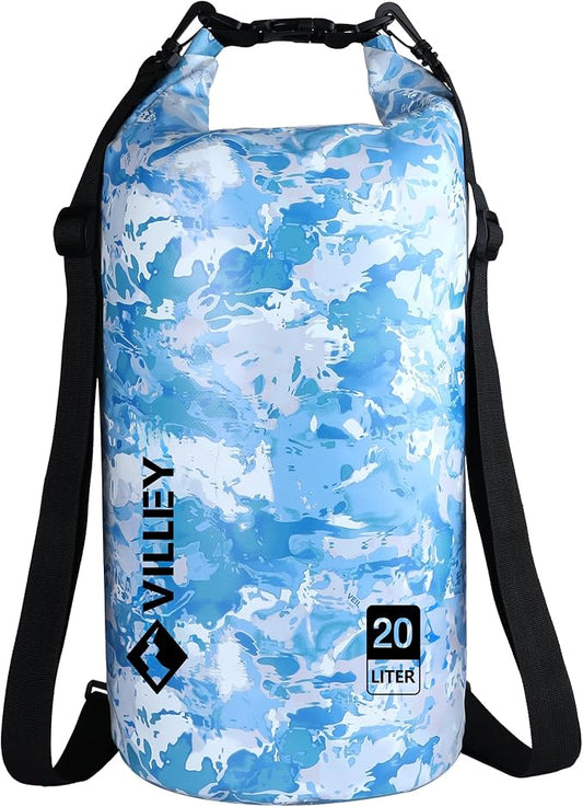 VILLEY Dry Bag Waterproof 20L Roll Top Storage Backpack, Keeps Gear Dry Lightweight Backpack for Kayaking Boating Camping Swimming and Beach Accessories Blue Camo