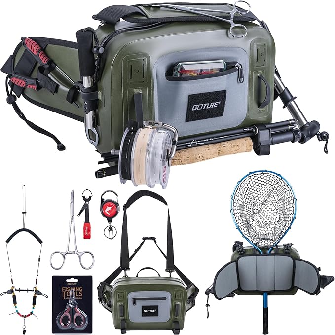 Goture Waterproof Fishing Waist Pack,IPX8 840D TPU Large Tackle Bag with Rod Holder,Airtight Zipper Closure,Fly Fishing Bag with Adjustable Waist Strap,Sling Fanny Pack with Lanyard,Forceps,Nipper