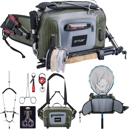 Goture Waterproof Fishing Waist Pack,IPX8 840D TPU Large Tackle Bag with Rod Holder,Airtight Zipper Closure,Fly Fishing Bag with Adjustable Waist Strap,Sling Fanny Pack with Lanyard,Forceps,Nipper