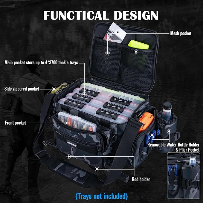 Goture Fishing Tackle Bag,Store Up to 4PCS 3700 Tackle Boxes(Not Included),600D Soft Side Water-Resistant Saltwater Gear Storage Fishing Bag with Rod Straps,Detachable Water Bottle Pouch,SBS Zippers