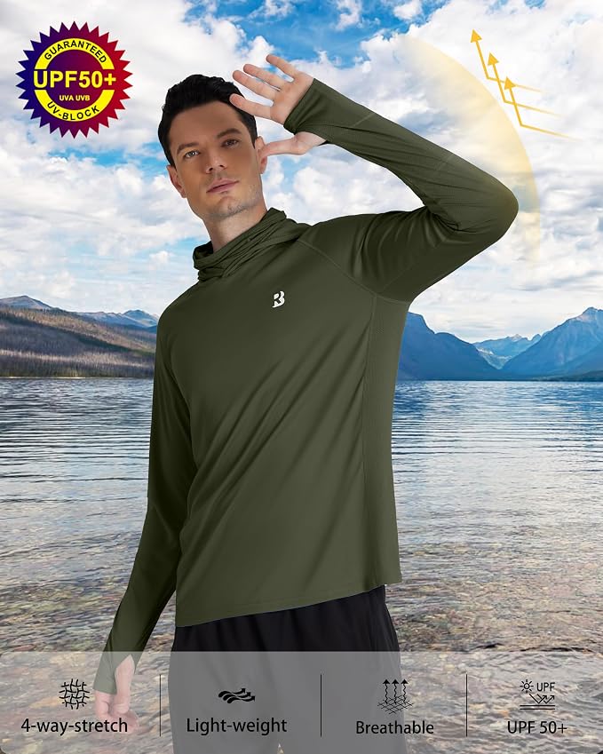 Roadbox Men's UPF 50+ Hooded Fishing Shirts Long Sleeve Sun Protection Hoodie, Hiking Running Swimming Rash Guard with Mask