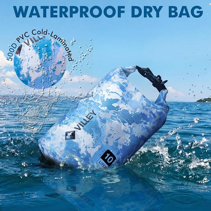 VILLEY Dry Bag Waterproof 20L Roll Top Storage Backpack, Keeps Gear Dry Lightweight Backpack for Kayaking Boating Camping Swimming and Beach Accessories Blue Camo