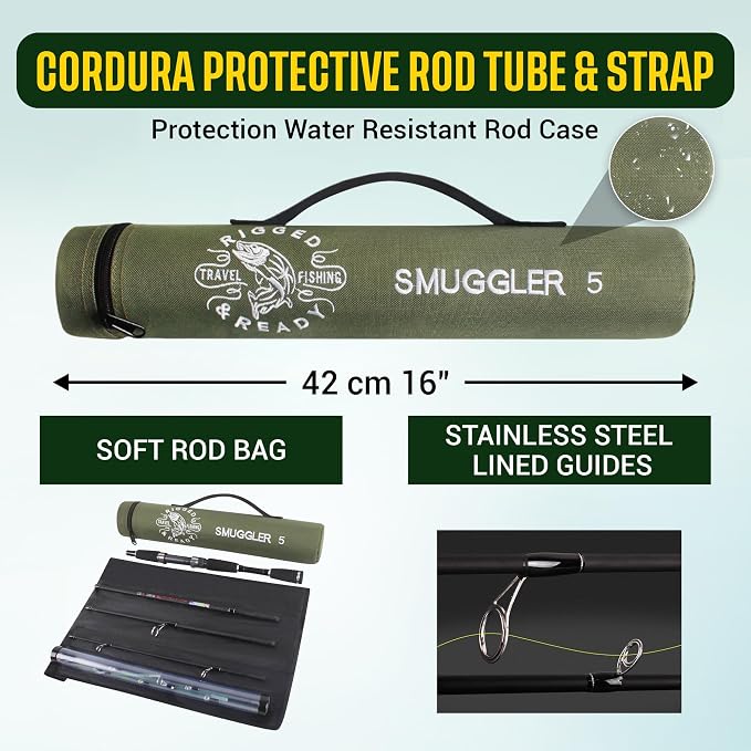 Rigged and Ready Smuggler Series™ Travel Fishing Rods. Super Compact, 1 Spinning Rod and Reel Combo, 4 Spin, 1 Casting Rod + Cases. 2, 3 or 4 Tips. Spin and General Freshwater - Saltwater Fishing