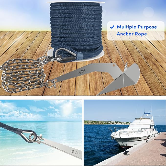 Boat Anchor Rope 150 ft x 3/8 inch Navy Blue, Double Braided Anchor Line with Stainless Steel Thimble & Shackle, Marine Rope Ideal for Towing,Mooring,Decks,Anchoring,for Boats Up to 27'