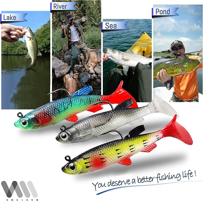 Soft Fishing Lures Shad Minnow Swimbaits, Pre-Rigged Jig Heads Paddle Tail Swim Baits for Bass, Trout, Walleye, Crappie, Sinking Jigs Bait for Saltwater Freshwater, Fishing Gifts for Men