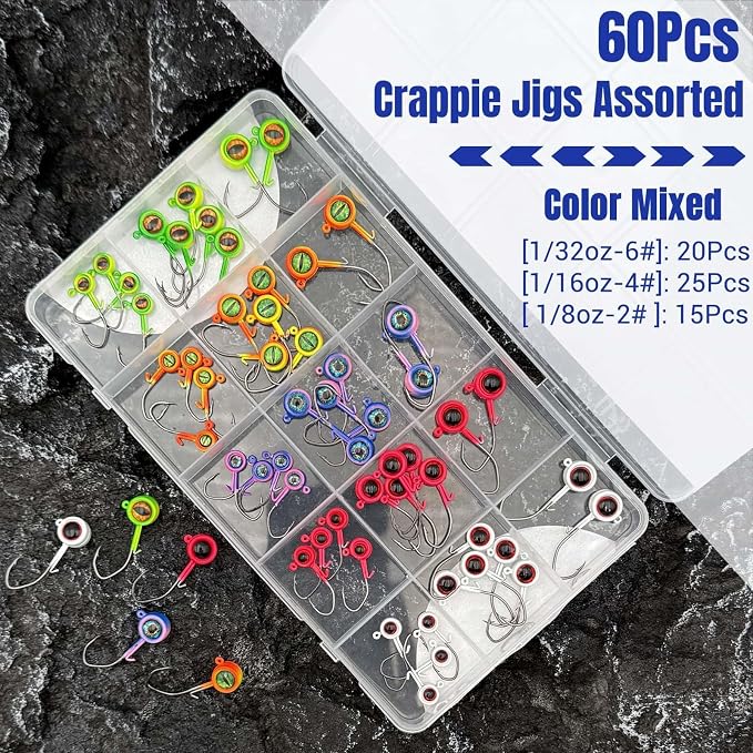 60Pcs Big Eye Crappie Jig Heads Kit, Bright Color Panfish Fishing Jig Heads Hook with Wired Bait Keeper Swimbait Jighead for Crappie Walleye 3 Sizes 1/32oz 1/16oz 1/8oz