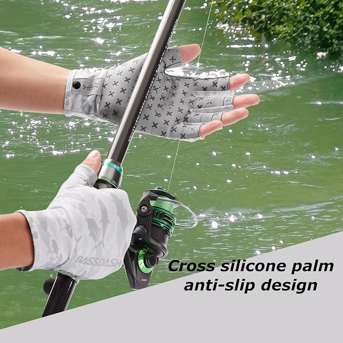 BASSDASH 3/4 Finger UPF 50+ Sun Gloves Breathable Anti-Slip Silicone Palm for Men Women Fishing Fingerless Cycling Running