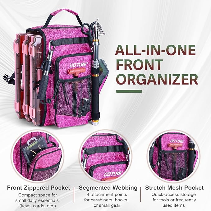 Goture OpenSide Tactical Sling Tackle Bag with 3 3700 Tackle Trays, Lightweight Fishing Backpack Storge Gear Outdoor-Shimmering Pink Bag,Gift for women