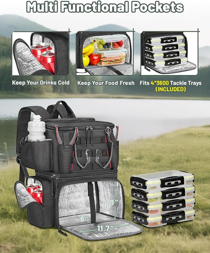 MATEIN Fishing Backpack with 4 Tackle Boxes, Fishing Bag with Rod Holder & Safety Compass & Cooler, Gifts for Fishermen