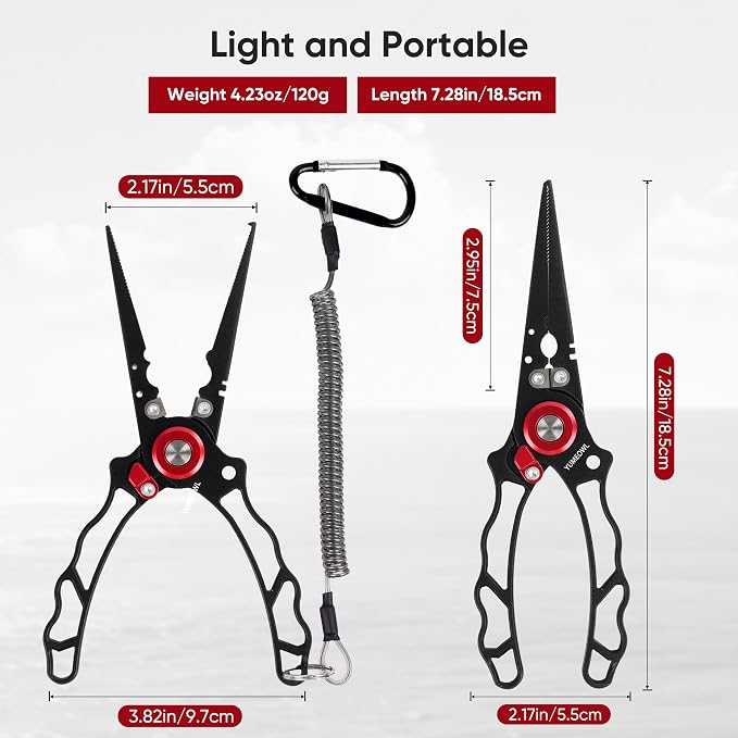 Fishing Pliers with Innovative Ergonomical Handle, Corrosion Saltwater Resistant,Fishing Multitool Hook Remover Braided Fishing Line Cutting, Split Ring with Coiled Lanyard and Sheath