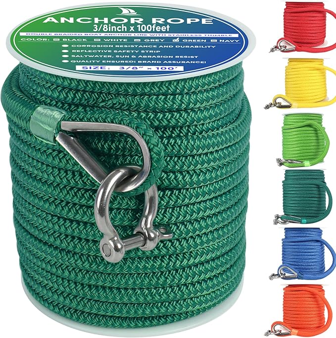 Boat Anchor Rope 100 ft x 3/8 inch Forest Green, Double Braided Anchor Line with Stainless Steel Thimble & Shackle, Marine Rope Ideal for Towing,Mooring,Decks,Anchoring,for Boats Up to 27'